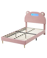 homfan Led Upholstered Platform Bed Frame with Headboard, Wood Slat Support, Remote and App Control, Box Spring Not Required