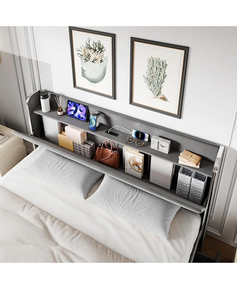 Streamdale Furniture homfan Bed Frame with Headboard Shelf and Charging Station and 4 Storage Drawers, Upholstered Platform Bed Frame