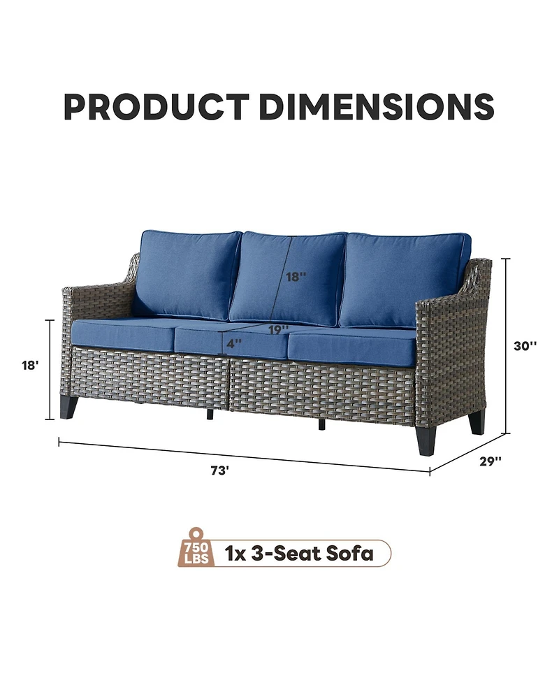 Pocassy Outdoor Couch Patio Furniture - Wicker Sofa 3-Seat Rattan Couch Gray Rattan Sofa with Wide Armest and Olefin Cushions