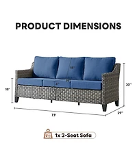 Pocassy Outdoor Couch Patio Furniture - Wicker Sofa 3-Seat Rattan Couch Gray Rattan Sofa with Wide Armest and Olefin Cushions