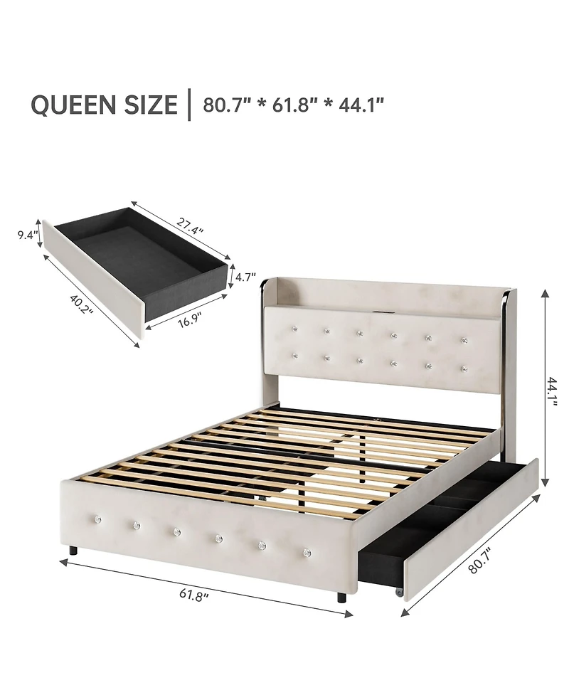 homfan Elegant Upholstered Platform Bed Frame Diamond Tufted Headboard with 4 Storage Drawers Space Saving Trundle
