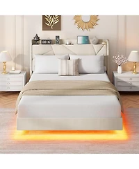 homfan Modern Floating Upholstered Platform Bed with Led Lights, Charging Station, Storage Headboard, Folding Shelves