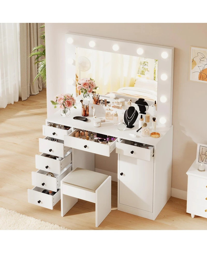 gaomon Vanity Desk With Mirror and Lights, 3-Color Lights Adjustable Brightness Make Up Dressing Table With 2 Drawers,Makeup Desk