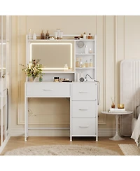 gaomon Vanity Desk with Mirror, Light, 35.4'' Makeup Vanity Table with Shelves, 4 Fabric Drawers Storage, Modern Dressing Table for Bedroom