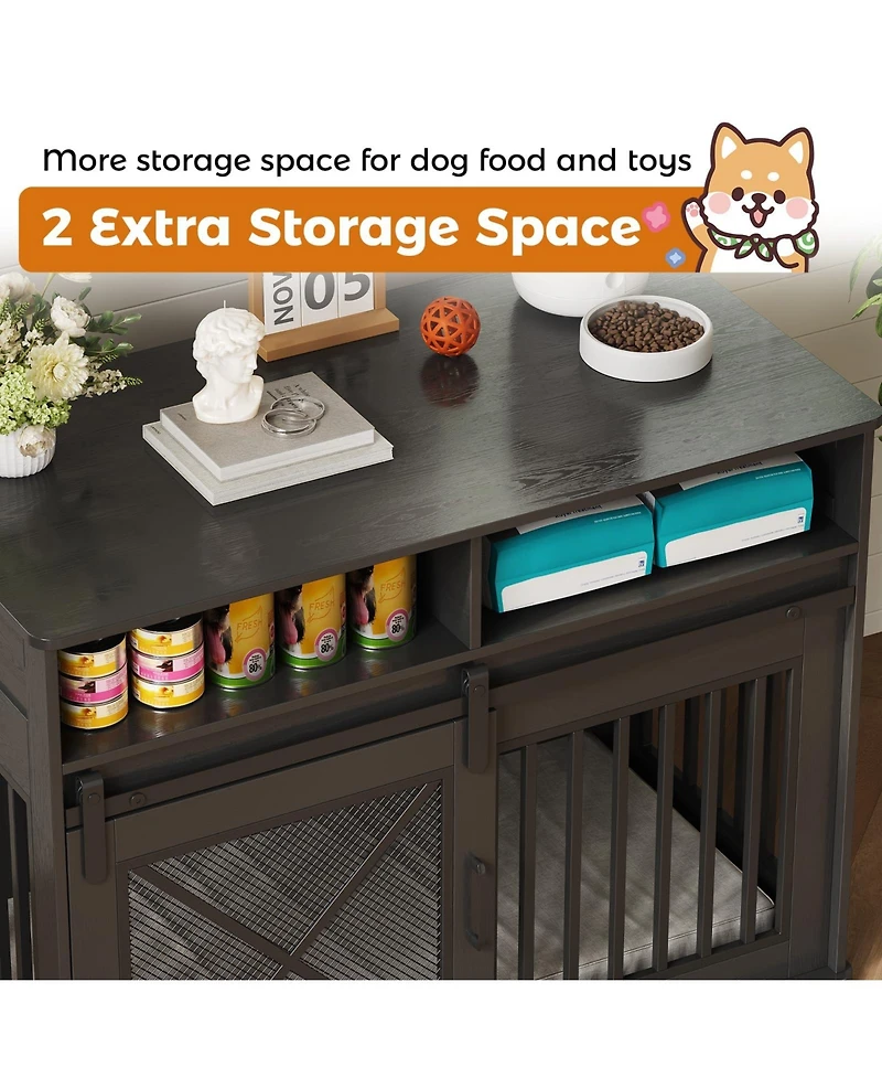 gaomon 44.5'' Dog Crate Furniture with Storage Drawers, Wooden Double Cage Tv Stand 2 Sliding Barn Doors