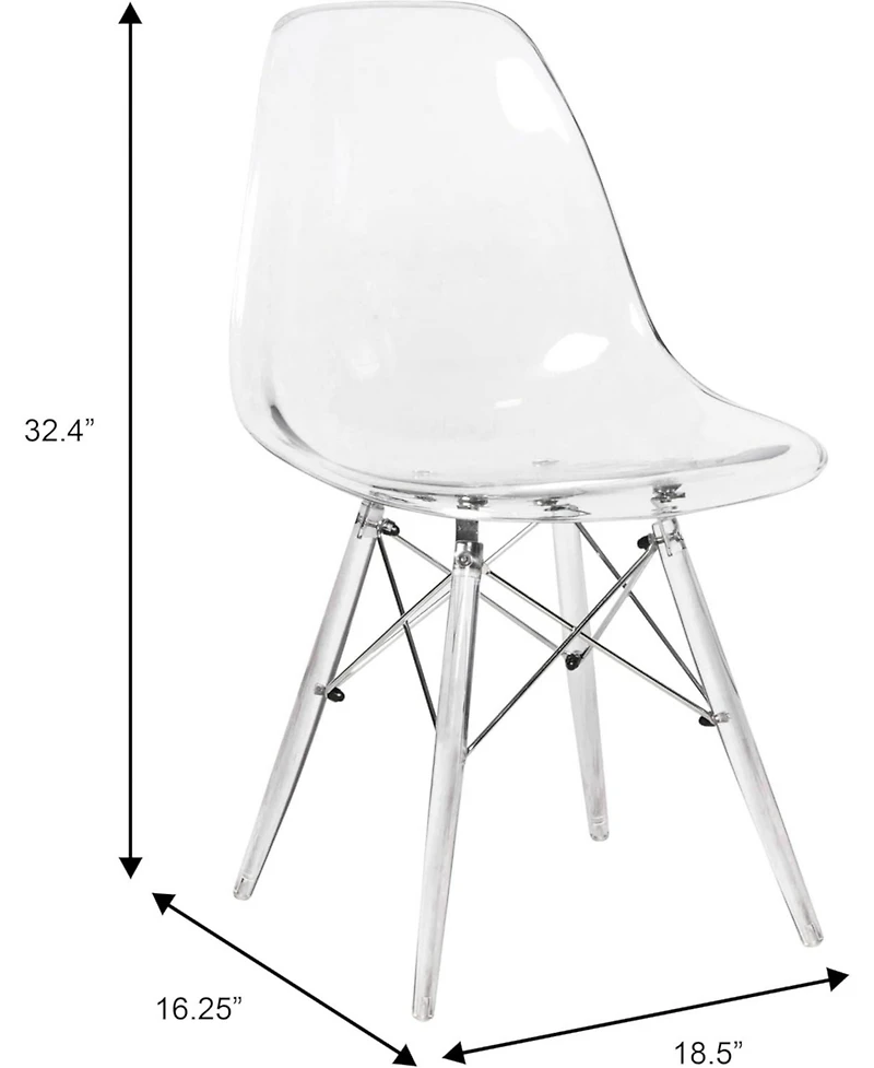 LeisureMod Cresco Modern Molded Dining Chair Set of 2 Chrome-Plated Eiffel Base and Acrylic Support Legs Ergonomic Curved Seat Accent Side