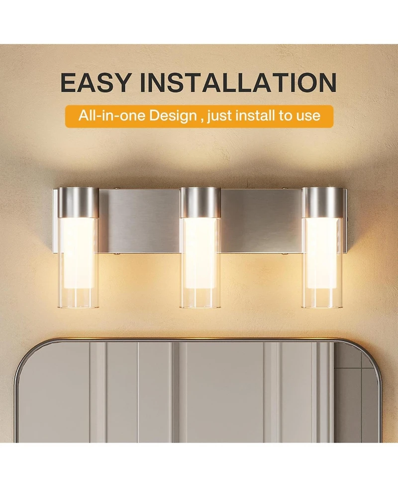 Tribesigns Led Bathroom Light Fixtures, 3-Light Vanity Lights Over Mirror, Wall Lights with 3 Color Modes and Sand Nickel Finish