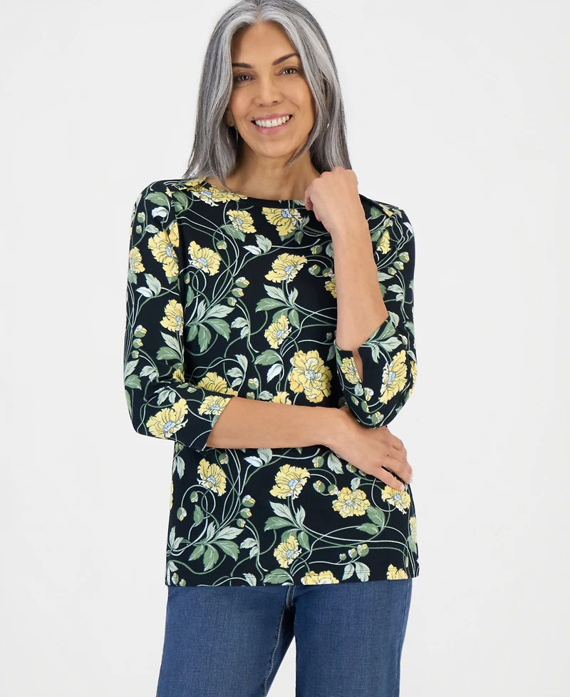 Style & Co Petite 3/4-Sleeve Boat Neck Floral Top, Macy's Exclusive