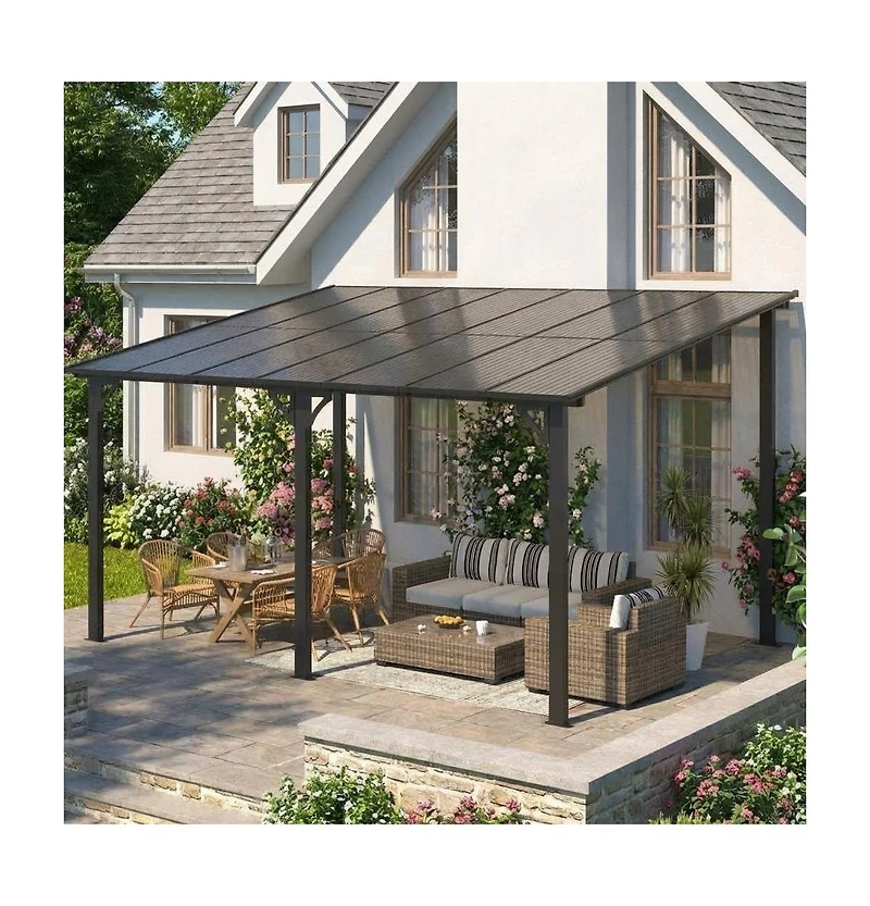 Homfan 10 x 14 Ft Iron Frame Lean-to Canopy with Pc Roof, High-Low Patio Awning for Window Door Backyard