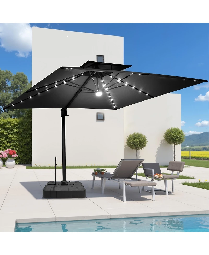 Pellebant Outdoor Patio 9x11FT Aluminum Double Canopy Solar Lights Cantilever Umbrella with Rod Wheel Base