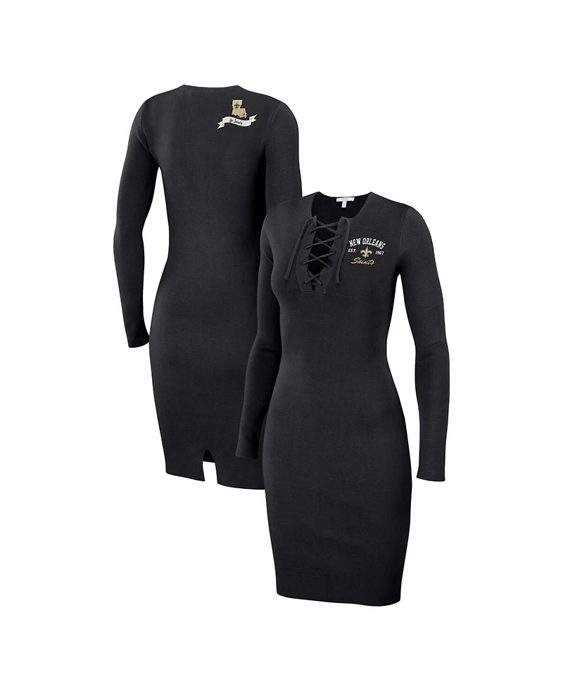 Wear by Erin Andrews Women's Black New Orleans Saints Lace Up Long Sleeve Dress