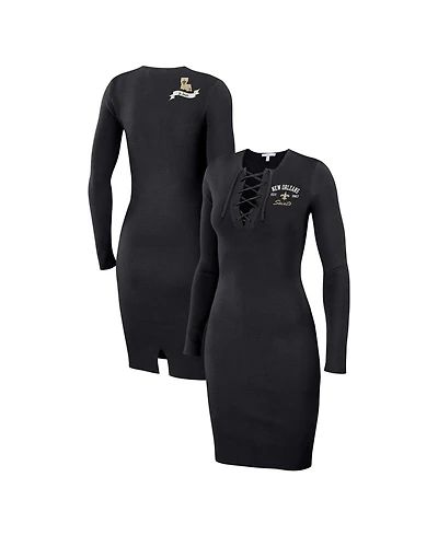 Wear by Erin Andrews Women's Black New Orleans Saints Lace Up Long Sleeve Dress