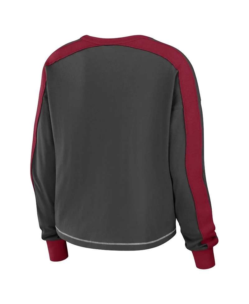 Wear by Erin Andrews Women's Pewter/Red Tampa Bay Buccaneers Color Block Modest Crop Long Sleeve T-Shirt
