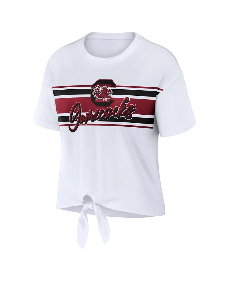 Wear by Erin Andrews Women's White South Carolina Gamecocks Striped Front Knot Cropped T-Shirt
