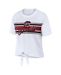 Wear by Erin Andrews Women's White South Carolina Gamecocks Striped Front Knot Cropped T-Shirt