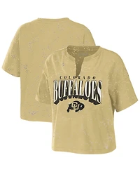 Wear by Erin Andrews Women's Tan Colorado Buffaloes Bleach Wash Splatter Cropped Notch Neck T-Shirt