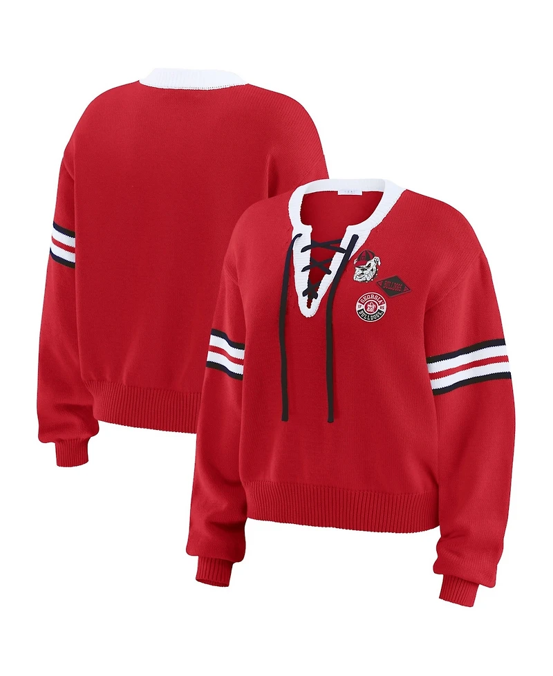Wear by Erin Andrews Women's Red Georgia Bulldogs Lace-Up Pullover Sweater