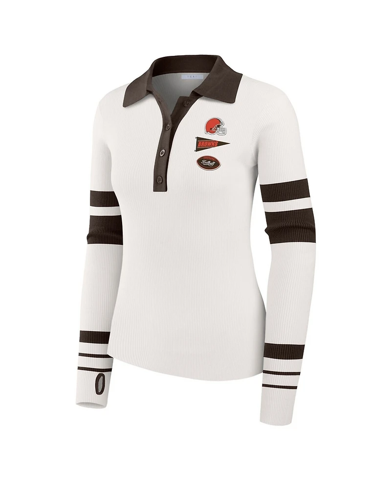 Wear by Erin Andrews Women's White Cleveland Browns Ribbed Henley Polo Sweater