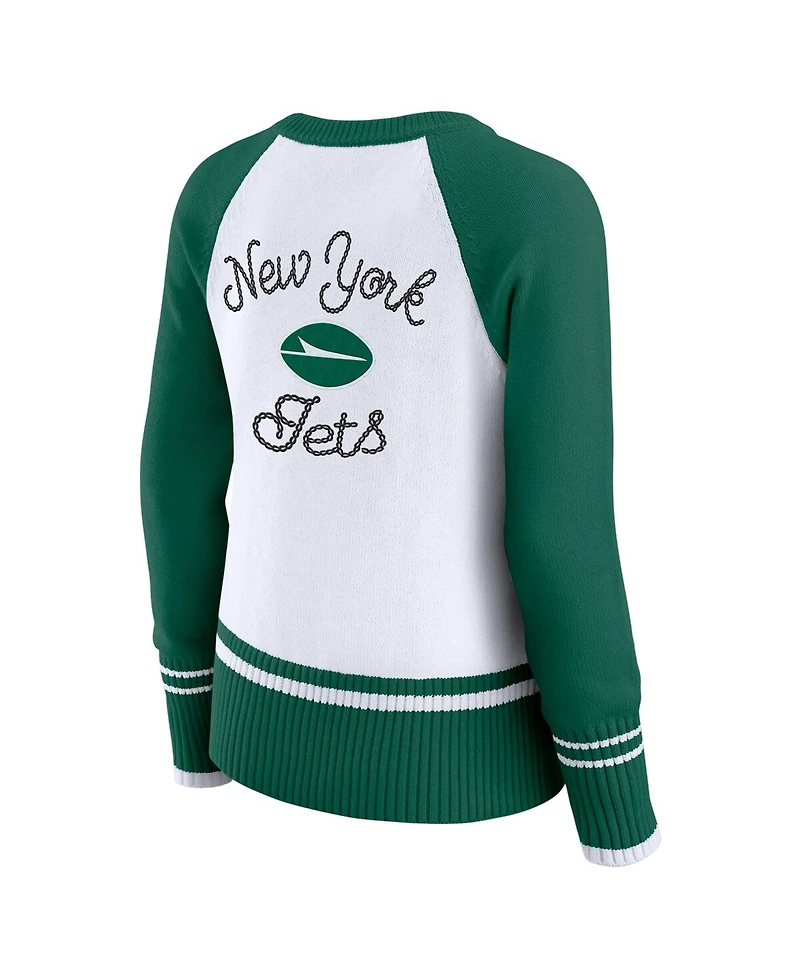 Wear by Erin Andrews Women's White/Green New York Jets Color block Raglan Sweater