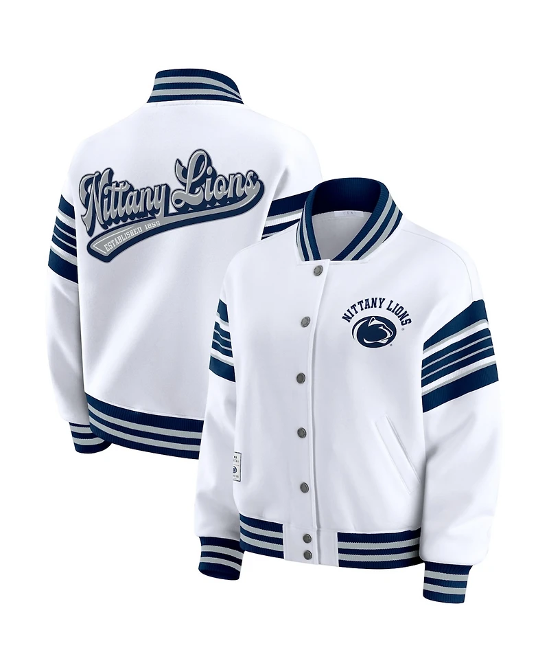 Wear by Erin Andrews Women's White/Navy Penn State Nittany Lions Satin Stitch Full-Snap Fleece Sweatshirt Jacket