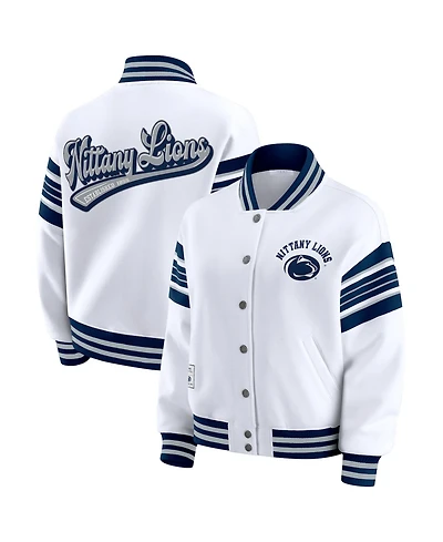 Wear by Erin Andrews Women's White/Navy Penn State Nittany Lions Satin Stitch Full-Snap Fleece Sweatshirt Jacket