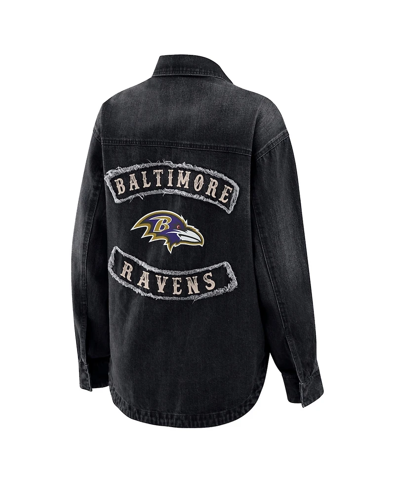 Wear by Erin Andrews Women's Black Baltimore Ravens Washed Oversized Denim Full-Snap Shacket