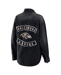 Wear by Erin Andrews Women's Black Baltimore Ravens Washed Oversized Denim Full-Snap Shacket