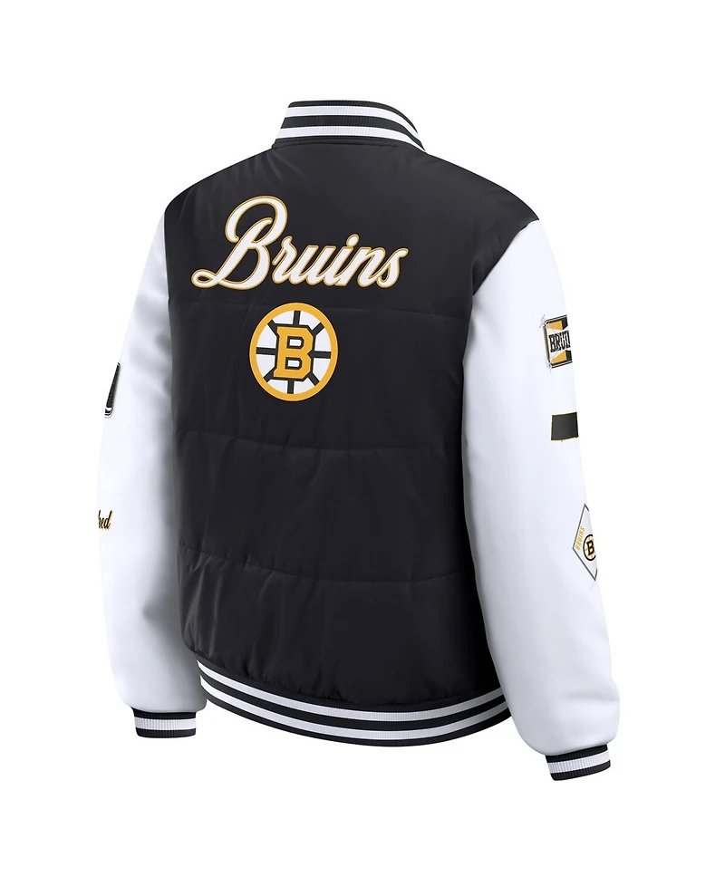 Wear by Erin Andrews Women's Black/White Boston Bruins Varsity Full-Snap Puffer Jacket
