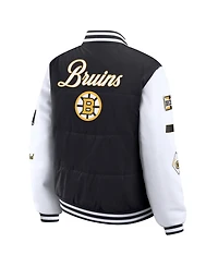 Wear by Erin Andrews Women's Black/White Boston Bruins Varsity Full-Snap Puffer Jacket