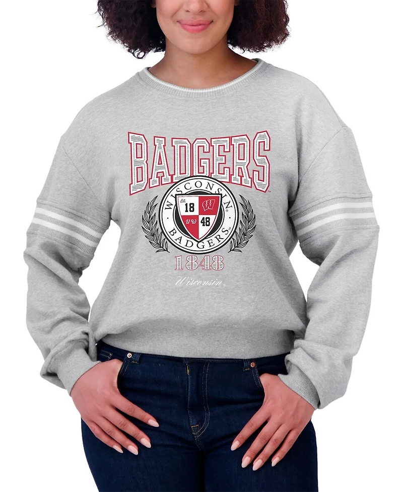 Wear by Erin Andrews Women's Heather Gray Wisconsin Badgers Classic Stripe Pullover Sweater