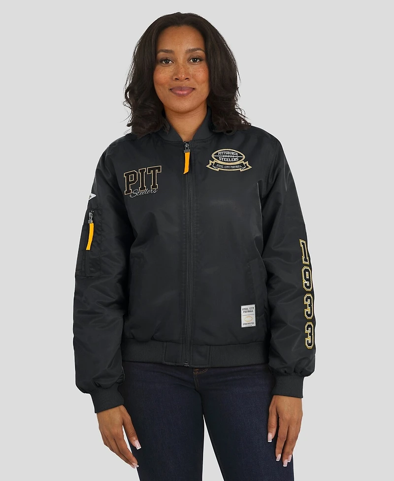 Wear by Erin Andrews Women's Black Pittsburgh Steelers Patch Full-Zip Bomber Jacket