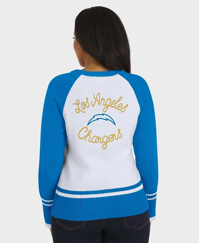 Wear by Erin Andrews Women's White/Powder Blue Los Angeles Chargers Colorblock Raglan Sweater