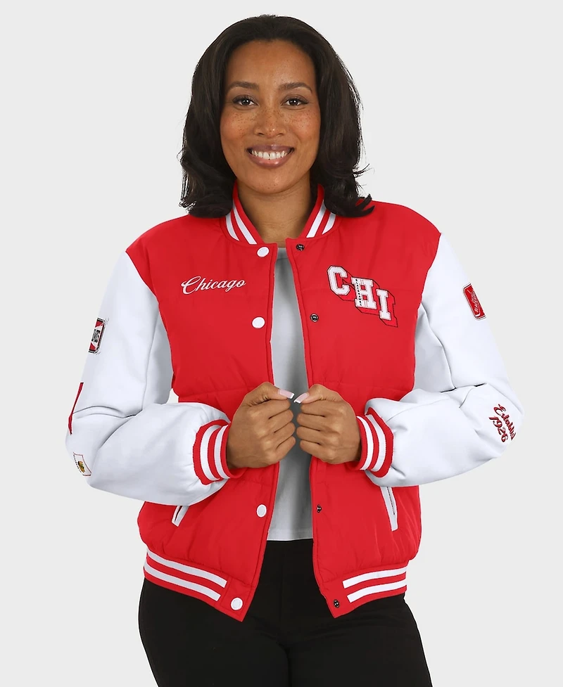 Wear by Erin Andrews Women's Red/White Chicago Blackhawks Varsity Full-Snap Puffer Jacket