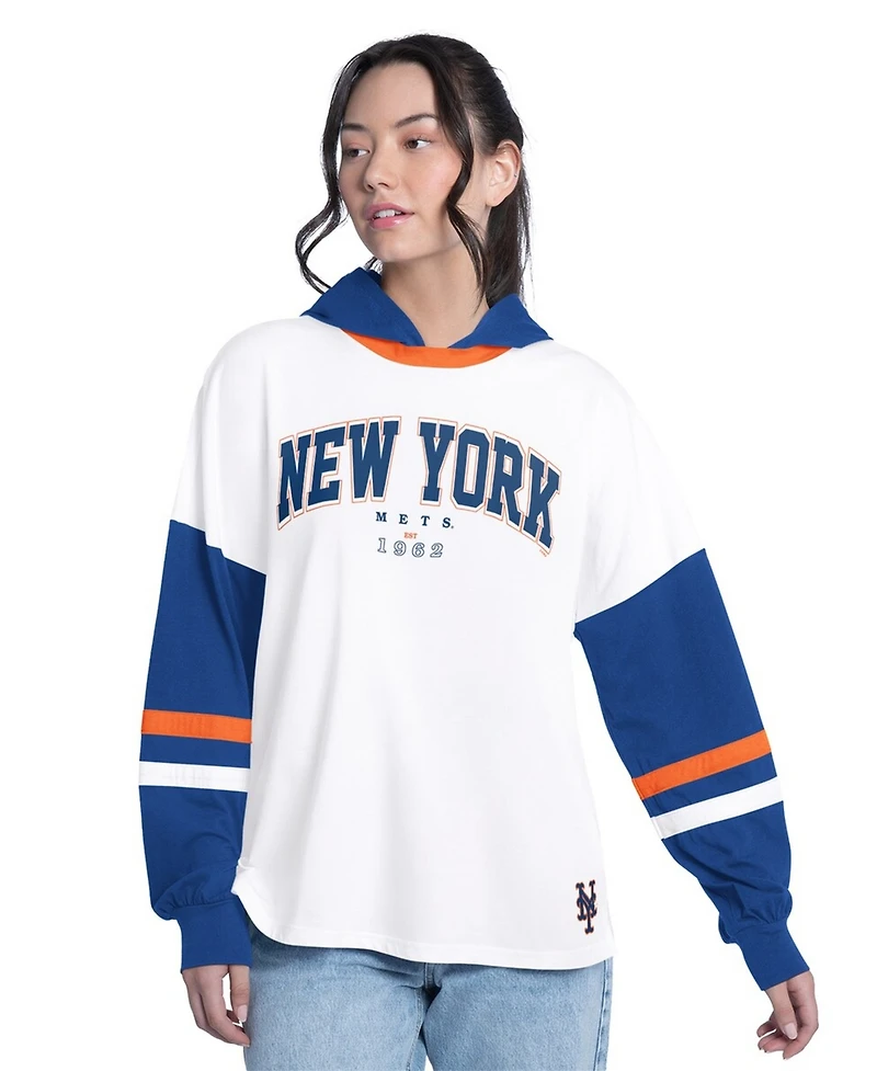 G-iii 4Her by Carl Banks Women's White/Royal New York Mets Key Player Oversized Hooded Long Sleeve T-Shirt