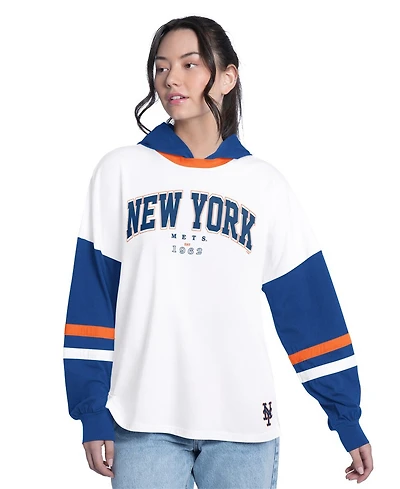 G-iii 4Her by Carl Banks Women's White/Royal New York Mets Key Player Oversized Hooded Long Sleeve T-Shirt