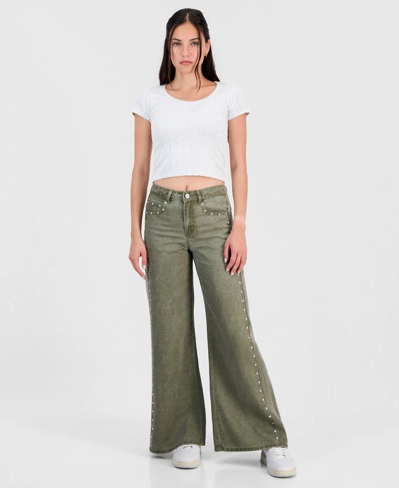 Indigo Rein Juniors' High-Waisted Wide-Leg Studded Jeans, 28-1/2" Inseam
