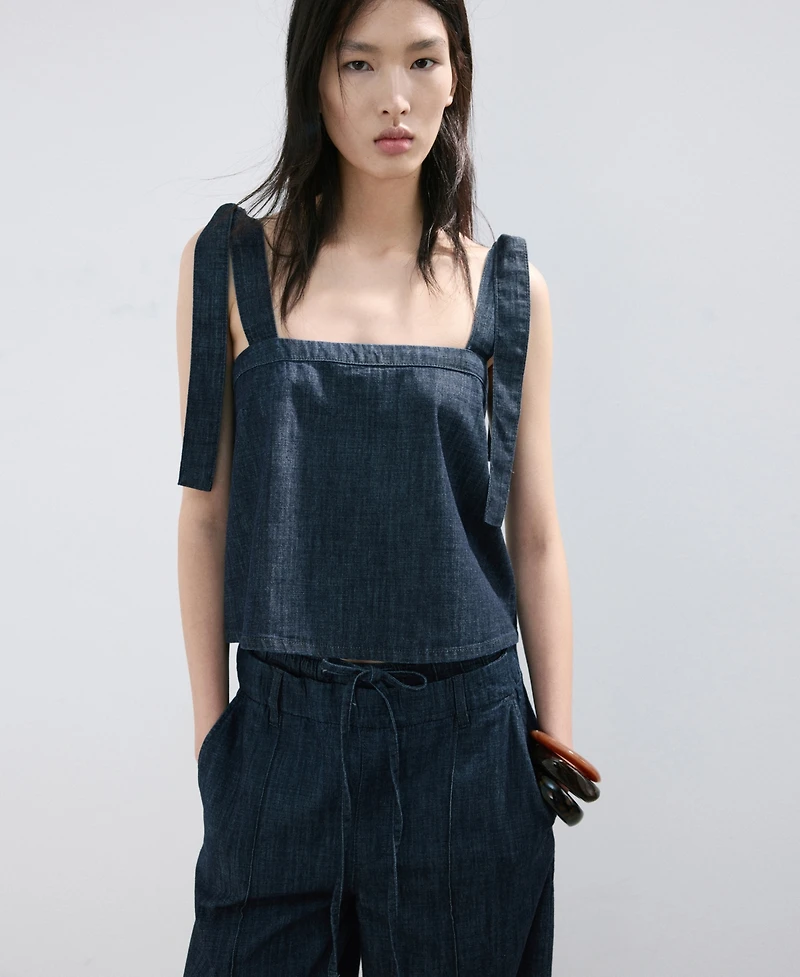Mango Women's Tie-Up Straps Denim Top