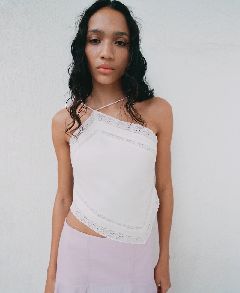 Mango Women's Lace Details Linen Top