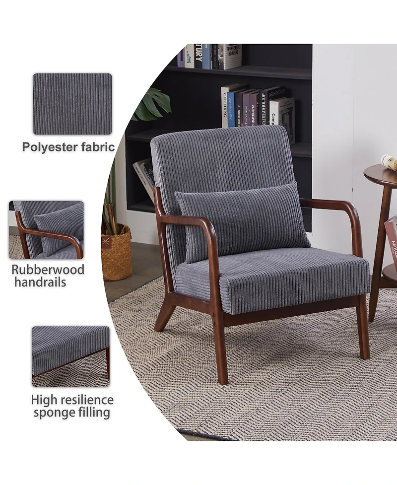 Rainsken Mid-Century Modern Accent Chair, Upholstered Lounge Armchair with Lumbar Pillow and Solid Wood Frame for Living Room, Balcony