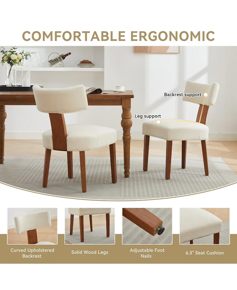 Rainsken Linen Fabric Dining Chairs Set of 2, Modern Armless Kitchen with Curved Backrest and Solid Wooden Legs for Room