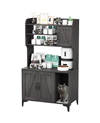 homfan 3-Door Cat Litter Box Enclosure Furniture, Hidden Litter Box Cabinet with Litter Mat, Engineered Wood Cat Washroom, Indoor Pet House End Table