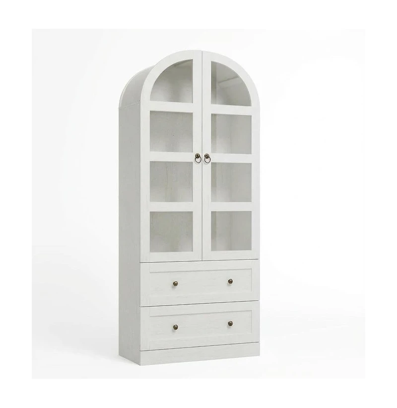 homfan Tall Arched Dome Bookcase with Drawers, 4-Tier Wooden Bookshelf with Glass Door, Farmhouse Rustic White for Home Office