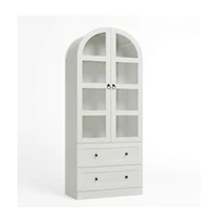 homfan Tall Arched Dome Bookcase with Drawers, 4-Tier Wooden Bookshelf with Glass Door, Farmhouse Rustic White for Home Office