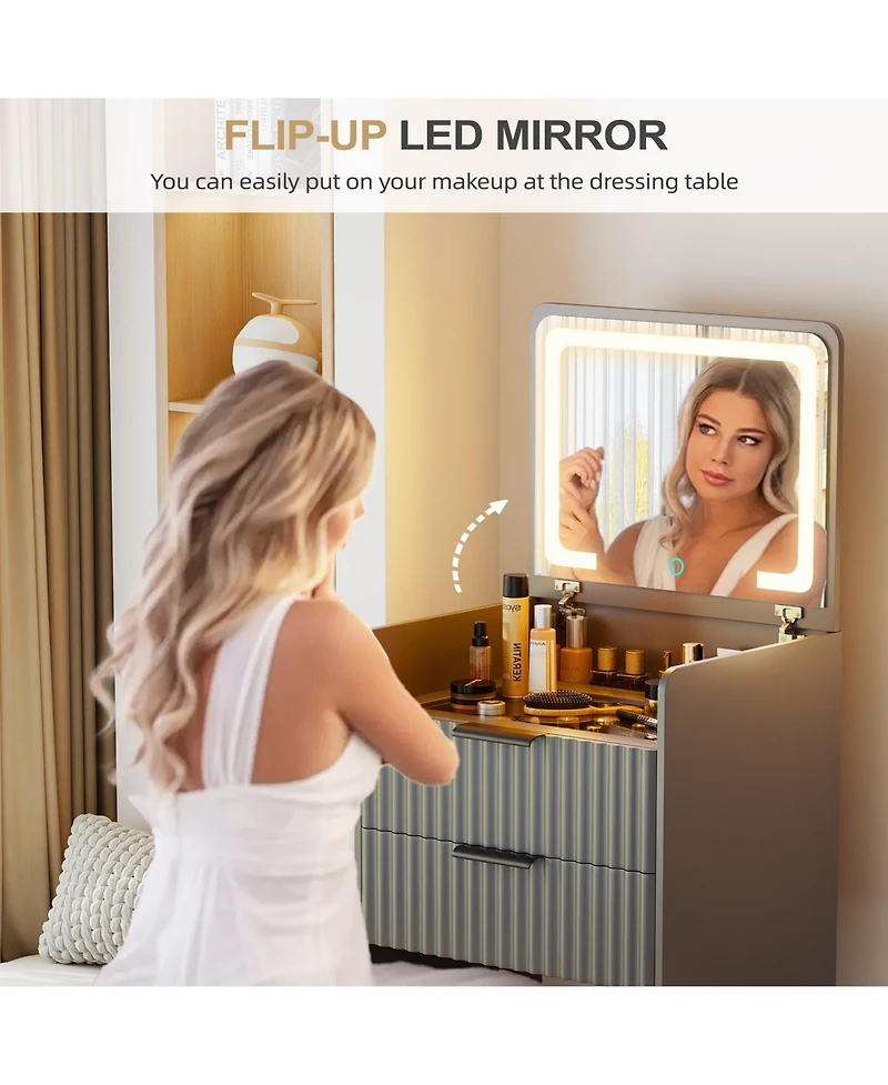Vlsrka 3-in-1 Flip Top Mirror Vanity Desk, Glass Desktop Dressing Table with 3 Drawers and Padded Stool