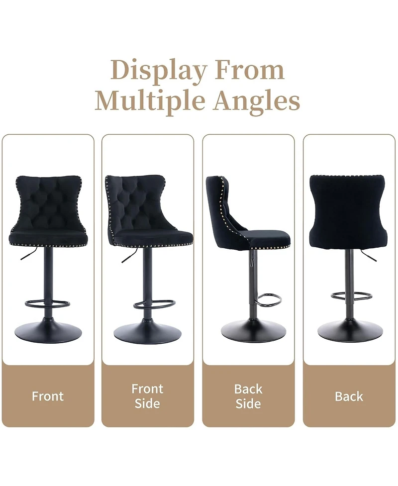 Rainsken Set of 2 Velvet Bar Stools, Adjustable Swivel Counter Height Chairs with Back, Footrest and Nailhead Trim for Kitchen Island