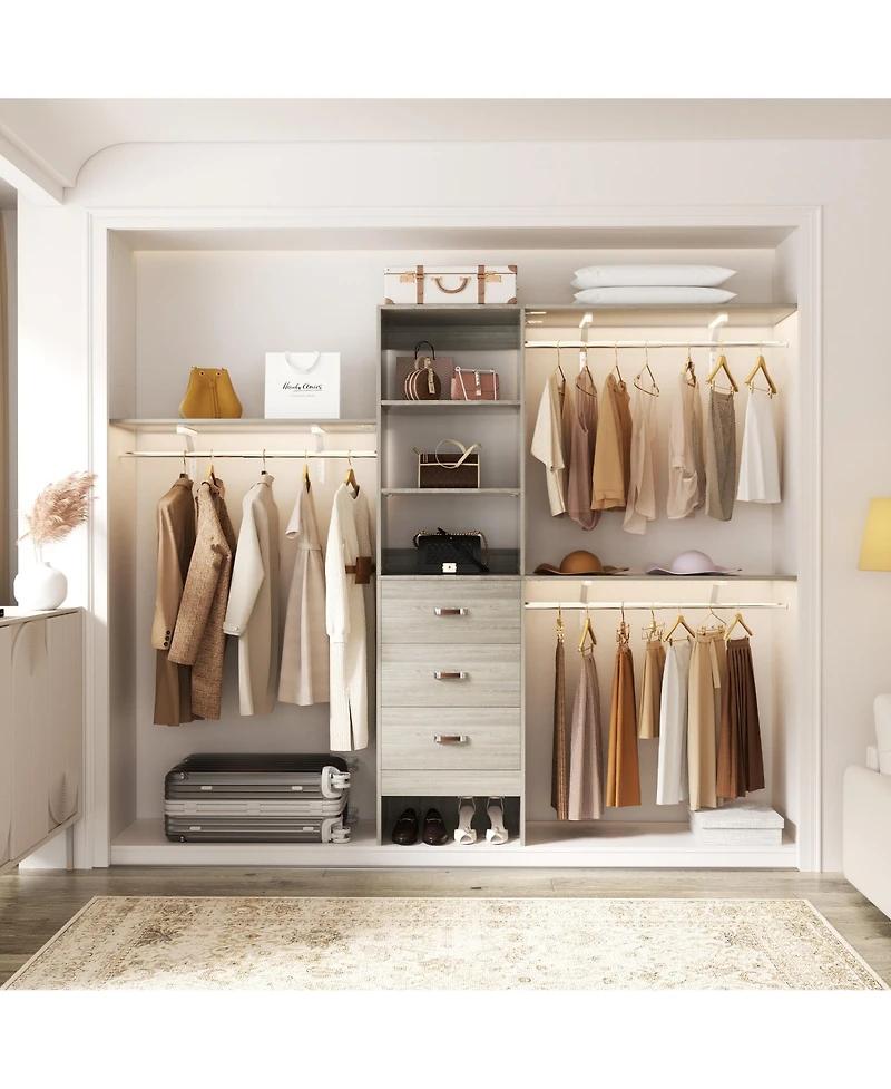 Aheaplus Closet System with 3 Hanging Rods, Drawers and Shelving Tower, 5-8 Feet Walk-in Organizer