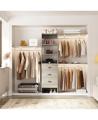 Aheaplus Closet System with 3 Hanging Rods, Drawers and Shelving Tower, 5-8 Feet Walk-in Organizer