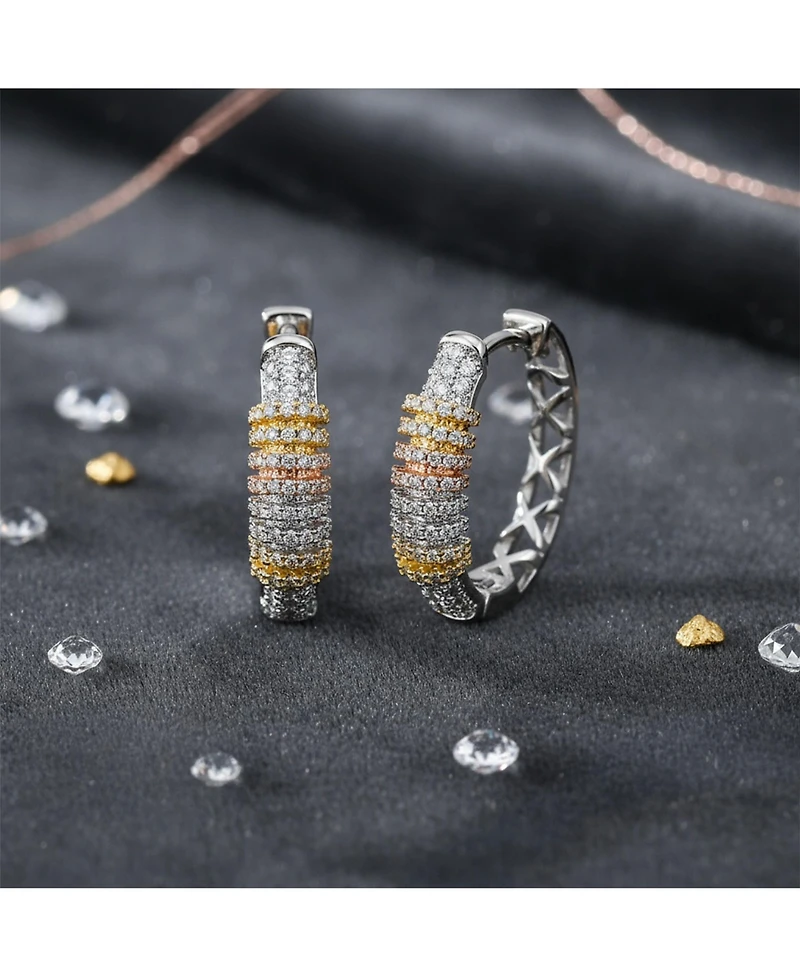 Bling Jewelry Tri-Color Pave Cz Oval Hoop Earrings Rose Gold Silver Plated