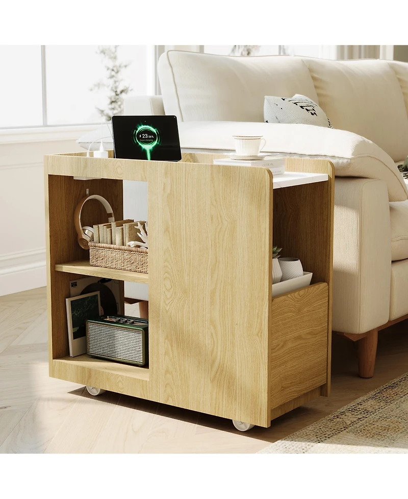 homfan End Table with Charging Station, Mobile Side Table with Drawer and Adjustable Shelf, Locking Wheels Nightstand for Living Room or Bedroom