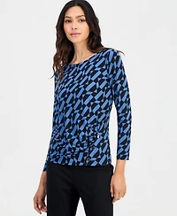 Anne Klein Essentials Petite Geo Printed Front Ruche Boat Neck Work Blouse